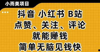 小而美的项目，抖音小红书B站视频点赞、关注、评论就能挣钱，简单无脑立见收益，妥妥的零撸项目【揭秘】-挪课网